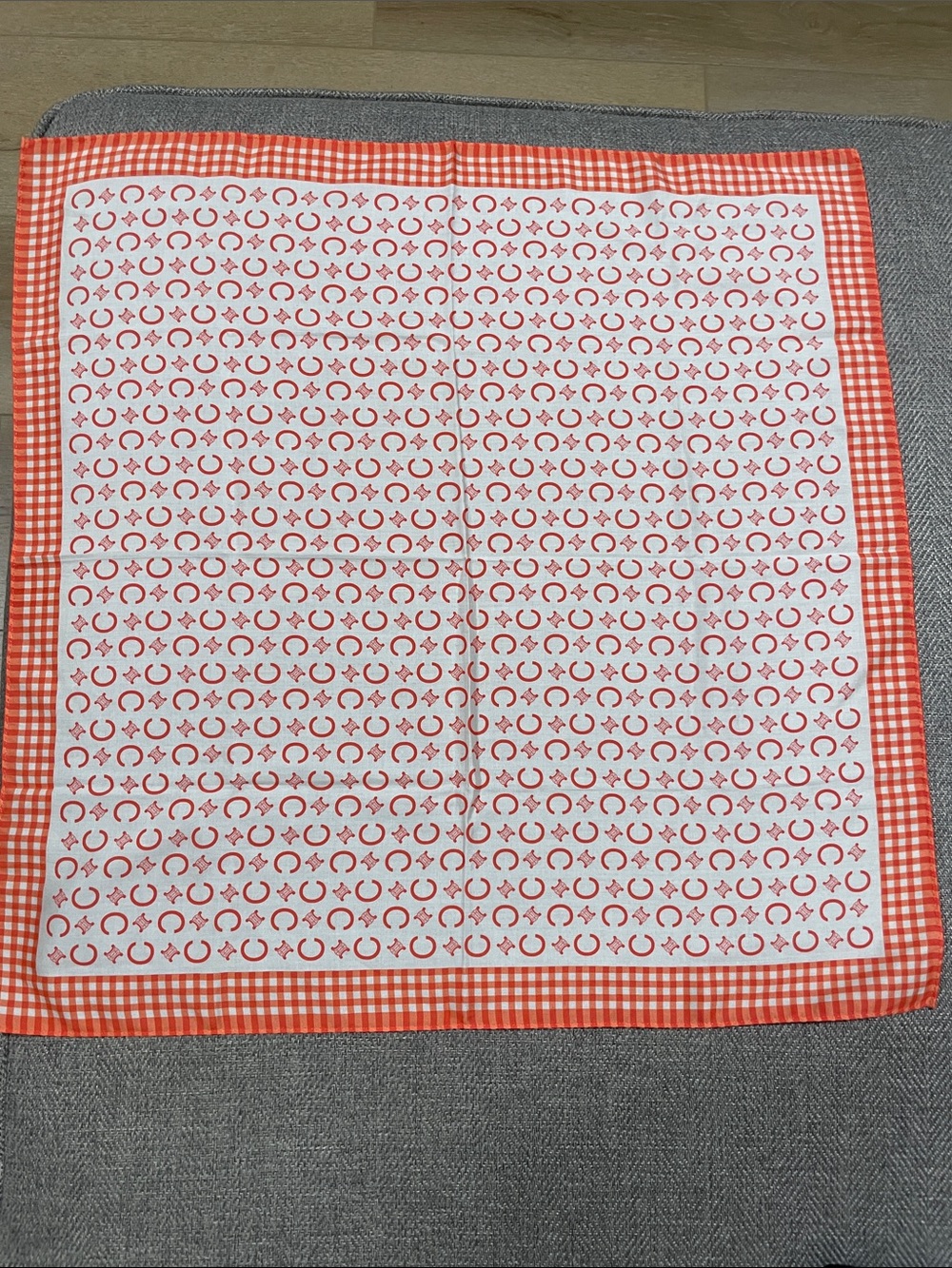 Authentic Celine Orange & Red Check & Pattern Scarf